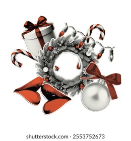 New Year and Christmas decorative elements with halftone effect. Trendy paper cutout for holiday collage, banner.