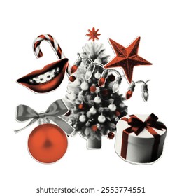 New Year and Christmas decorative elements with halftone effect. Trendy paper cutout for holiday collage, banner.