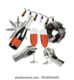 New Year and Christmas decorative elements with halftone effect. Trendy paper cutout for holiday collage, banner.