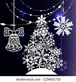 Año Nuevo y Navidad. Elementos de diseño para corte láser. Decoración para ventanas de invierno, escaparate, postal, invitación. Fondo brillante.ilustración vectorial.