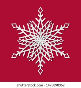 New year and Christmas design elements. 3 D snowflake with shadow on red background. Vector illustration in paper cut style.