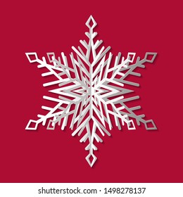 New year and Christmas design elements. 3 D snowflake with shadow on red background. Vector illustration in paper cut style.