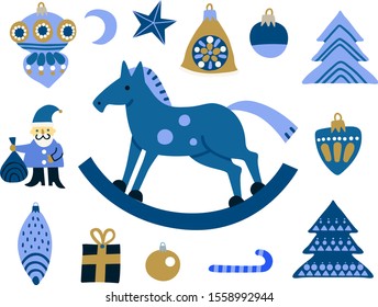 New Year Christmas design elements isolated toy horse children kids illustration cute christmas tree Santa golden toys presents decoration star blue white background sweet handdrawn collection set