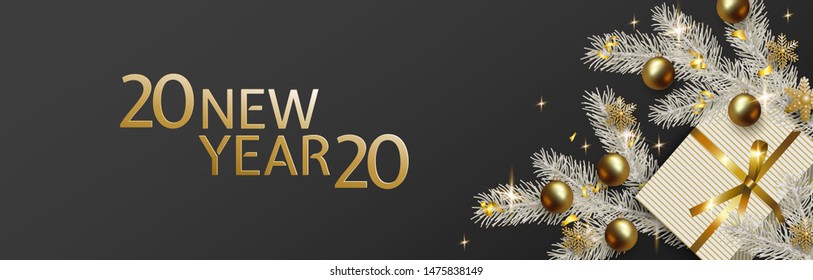 New Year and Christmas design, gift box, white Christmas tree branch with realistic gold balls, and golden confetti on black background. Festive vector horizontal template with place for text