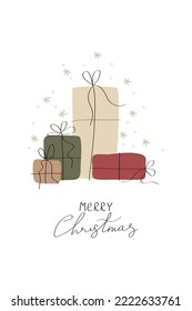 New Year and Christmas design. Pile of gifts boxes. Holiday card with inscription, web poster, flyer, stylish brochure, greeting card, cover. Vector illustration