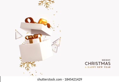 Design de Ano Novo e Natal. Caixas de presentes rosa realistas. Abra a caixa de presente cheia de objetos festivos decorativos. Banner de férias, cartaz da web, folheto, folheto elegante, cartão, capa. Fundo de natal