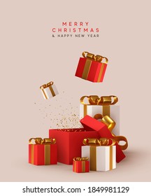 New Year and Christmas design. Realistic white red gifts boxes. Open gift box. decorative festive object. Holiday banner, web poster, flyer, stylish brochure, greeting card, cover. Xmas background