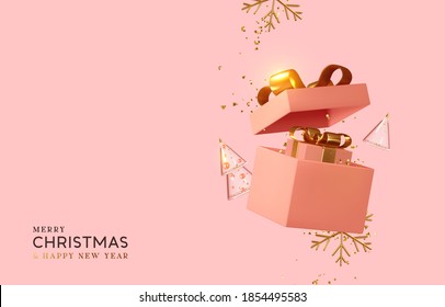 New Year and Christmas design. Realistic pink gifts boxes. Open gift box full of decorative festive object. Holiday banner, web poster, flyer, stylish brochure, greeting card, cover. Xmas background