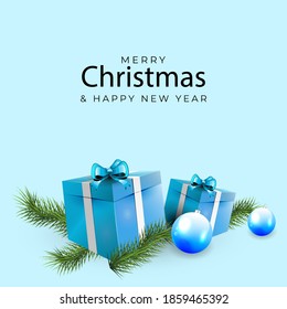 New Year and Christmas design. Realistic blue gifts boxes. Open gift box full of decorative festive object. Holiday banner, web poster, flyer, stylish brochure, greeting card, cover. Xmas background
