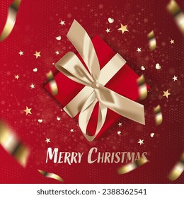New Year and Christmas design. Realistic red gift boxes on a red background with confetti and stars. Holiday banner, web poster, flyer, stylish brochure, greeting card, cover. Christmas background