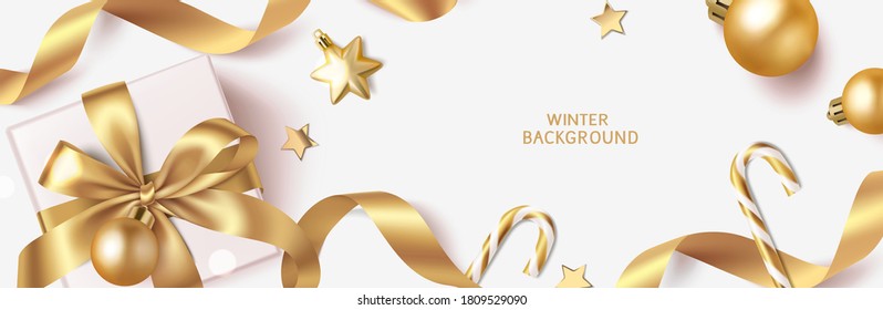 New Year and Christmas design template. Winter background with decorative golden balls and stars. Vector illustration