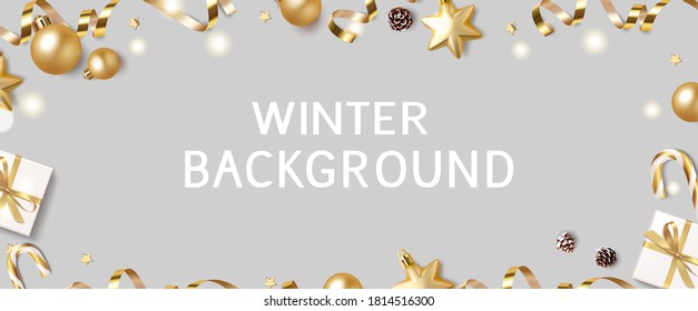 New Year and Christmas design template. Winter blue background with decorative golden balls and stars. Vector stock illustration