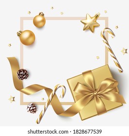 New Year and Christmas design template. Winter background with decorative golden balls, stars and gift box. Vector ilustration