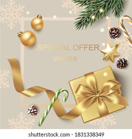 New Year and Christmas design template. Winter background with decorative golden balls, stars and gift box.