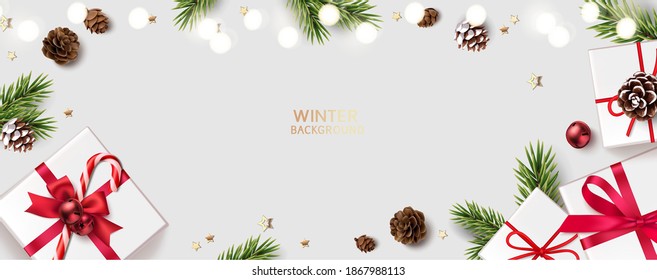 Design-Vorlage für Neujahr und Weihnachten. Weihnachtshintergrund mit dekorativer roter Glocke, Tannenduft und Geschenkbox. Vektorgrafik.