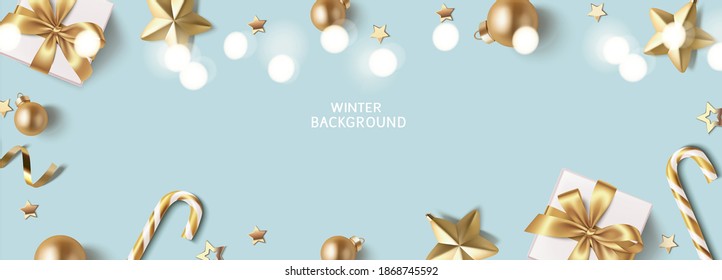 New Year and Christmas design template. Xmas background with decorative golden balls, gold star, candy cane, white light and gift box. Vector stock illustration.