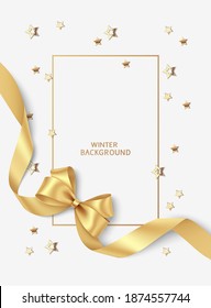 New Year and Christmas design template. Xmas gray background with decorative golden bow with long swirl ribbon and gold star confetti. Holiday frame. Vector stock illustration.