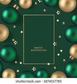 New Year and Christmas design template. Xmas  green background with decorative golden and green ball. Flat lay. Top view. Vector stock illustration.