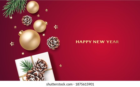 New Year and Christmas design template. Xmas background with decorative golden ball, gold star confetti, fir twig, pine cone and gift box on red. Vector stock illustration.