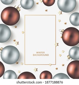 New Year and Christmas design template. Xmas gray background with decorative brown and silver blue  ball and gold star confetti. Flat lay. Top view. Vector stock illustration.