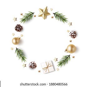 New Year and Christmas design template. Xmas background with decorative golden ball, gold star, fir twig, pine cone, confetti and gift box isolated on white. Vector stock illustration.