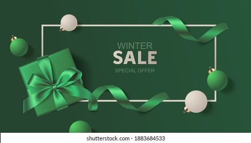 New Year and Christmas design template. Green background with decorative green and white balls, swirl ribbon and gift box. Vector stock illustration.