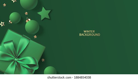 New Year and Christmas design template. Xmas background with decorative green ball, star, gift box and gold star confetti on green. Vector stock illustration.
