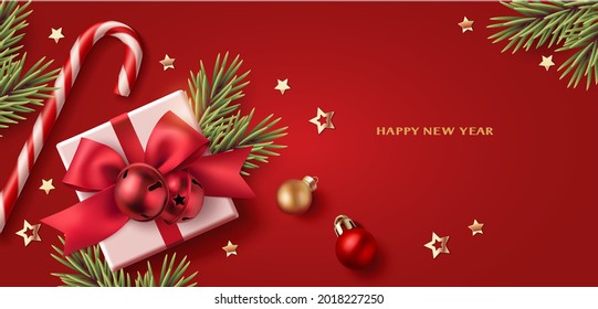 New Year and Christmas design template. Winter red background with decorative golden balls, gift box, red bow,  stars. Vector stock illustration