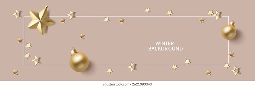 Design-Vorlage für Neujahr oder Weihnachten. Weihnachtsbrauner Hintergrund mit dekorativen goldenen Bällen, Stern und Goldstern Konfetti. Horizontaler Rahmen für Feiertage. Vektorgrafik.