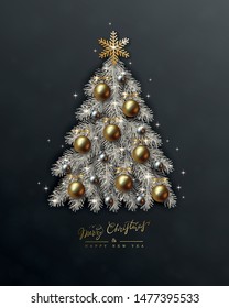 New year and Christmas design with a Christmas tree silhouette of white coniferous branches with gold and silver realistic balls on black background. Holiday vector card