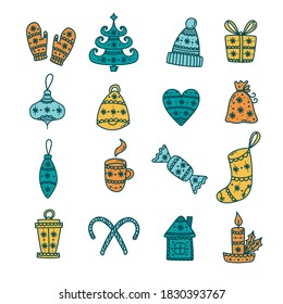 New Year Christmas doodle icons vector set