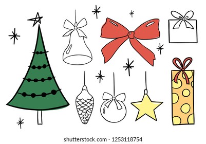 New Year and Christmas doodle style set, hand drawn  black outline icons for holiday design, Christmas design element