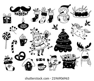 New Year and Christmas doodles. Cute Santa Claus, snowman, deer, unicorn, gingerbread and Christmas stockings and gifts, lollipop and christmas cake. Vector collection isolated hand drawings.