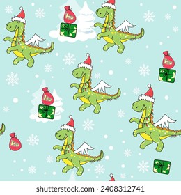 New Year and Christmas dragon with gifts seamless pattern on a blue background. Vector cartoon illustration. Chinese symbol 2024 new year