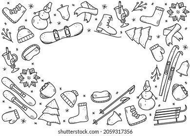 New Year and Christmas elements in the doodle style. Vector illustration of winter clothing, sports equipment, spruce, food and drinks. Winter vacation icons.