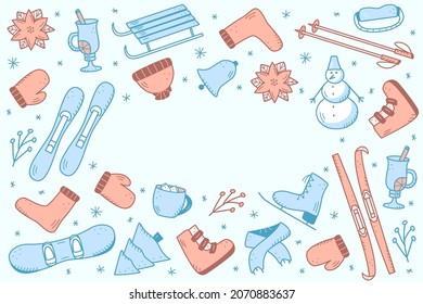 New Year and Christmas elements in the doodle style. Vector illustration of winter clothing, sports equipment, spruce, food and drinks. Winter vacation icons.