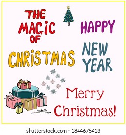 Año nuevo, Navidad. Los elementos de las postales y los afiches. El texto con letras caligráficas para tarjetas de felicitación. Objetos vectoriales aislados.