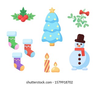 New Year & Christmas elements set isolated on white background. Flat design bright Xmas decorations - mistletoe, Christmas tree, socks, snowman & candles. Holidays vector illustration in cartoon style