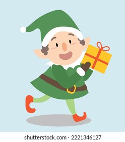 New year christmas elf green costume with gift vector.