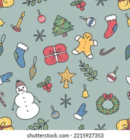 New Year And Christmas Eve Holiday Winter Seamless Pattern For Wrapping Paper Or Desktop Background. Vector Festive Illustration With Snowman, Presents, Wrath, Ginger Man, Candle, Christmas Tree Toys.