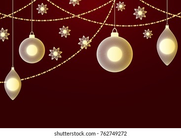A New year or Christmas festive background with golden christmas balls, tassel, star light and a garland