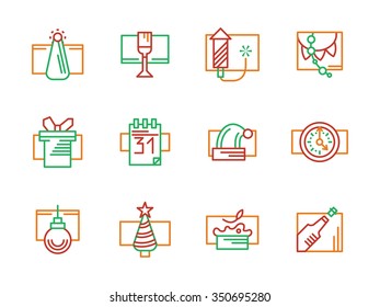 New Year and Christmas festive decorations for party. Winter celebrations. Set of red, green and orange simple line style vector icons. Elements of web design for business, website and mobile.