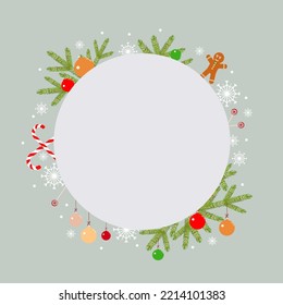 New Year and Christmas festive design with a circular frame made of snowflakes, fir branches, Christmas toys, candy canes and a gingerbread man on a light gray background. Vector illustration.