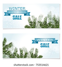 New Year Christmas. Flyer, business cards, postcards. invitations to the sale. Green tree branches in the snow. A ribbon with an inscription. vector illustration