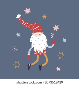  New Year and Christmas flyer, cards. Christmas happy red gnome in the flat hand drawn style. Cute childish illustration. Winter holidays. Scandinavian nisse, cute elf. 