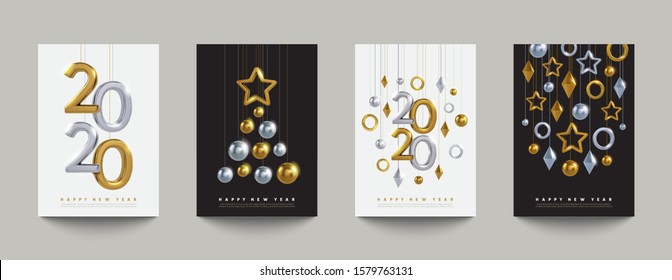 New Year and Christmas flyers with 3d decoration shapes. Winter holidays invitation background. Gold and silver materials composition. Esp10 vector.