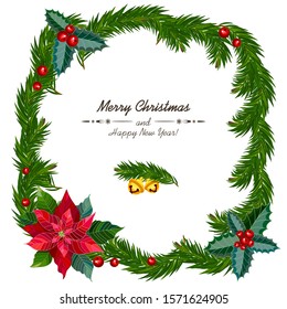 New Year and Christmas frame with branches of a fir, holly, bells and berries. Vector illustration.