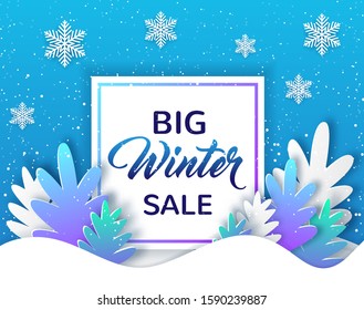 New year and Christmas frame with paper silhouettes of white and violet fir tree on a blue background. Design for winter seasonal sale. Vector illustration.