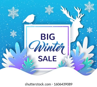 New year and Christmas frame with paper silhouettes of deer and fir tree on a blue background. Design for winter seasonal sale. Vector illustration.