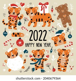New Year and Christmas funny tiger cubs set in Santa Claus costumes. Cute cartoon orange animals in doodle style hand drawing. Winter vector elements, ice skates, gingerbread, Christmas toys.
